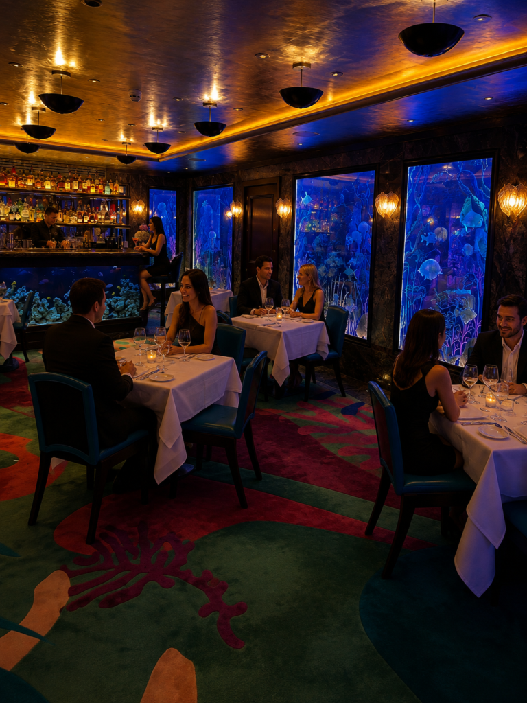 Blue-lit dining room at Scott's Mayfair restaurant in London