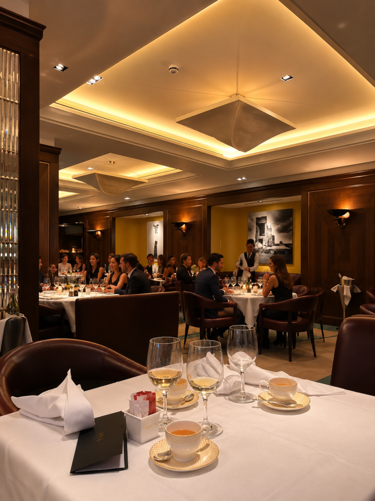 Elegant dining area with white tablecloths at Scott's Mayfair in London