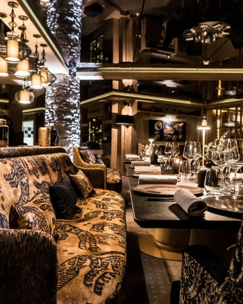 Luxury dining room with patterned seating at L'Altiplano K2 Palace