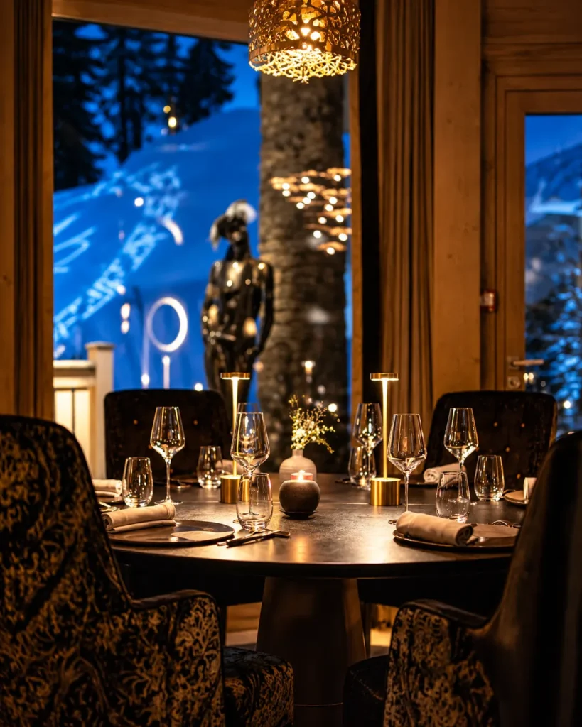 Elegant dining room with snowy mountain views at L'Altiplano K2 Palace