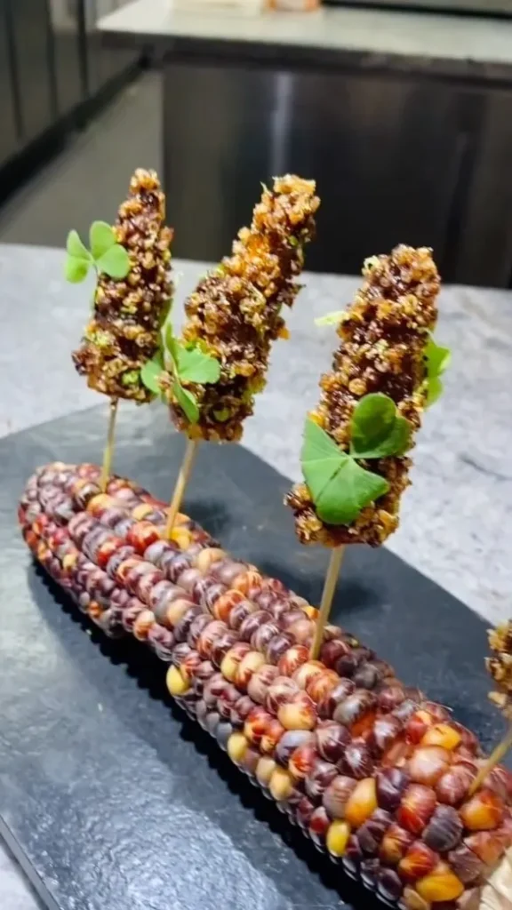 Colorful gourmet skewers served at L'Altiplano at K2 Palace Courchevel