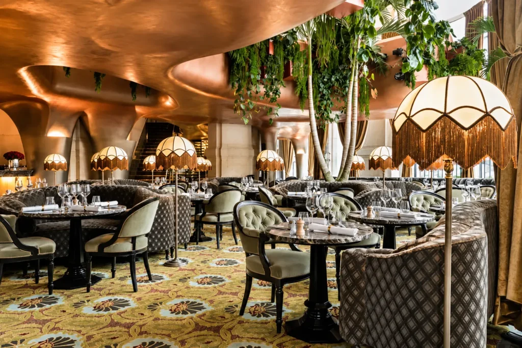 Luxurious restaurant interior with patterned seating at BeauCoCo Paris