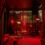Red-lit lounge and seating area at El Porteño Prohibido