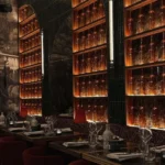 Wine bottles displayed in the elegant dining room at Giulia Ristorante Paris