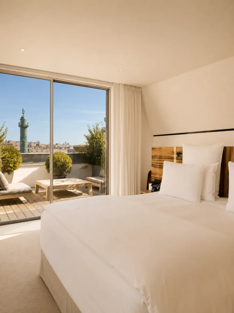 Luxury bedroom with a panoramic Paris view at Hotel Costes
