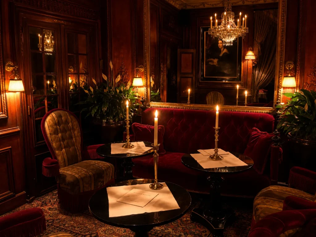 Candlelit lounge seating inside Hotel Costes in Paris