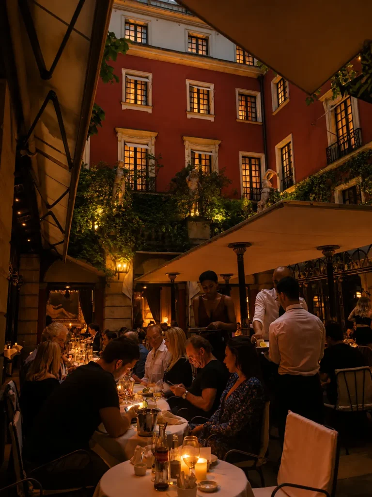 Busy evening dining in the courtyard at Hotel Costes in Paris