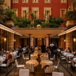 Outdoor courtyard dining at Hotel Costes in Paris