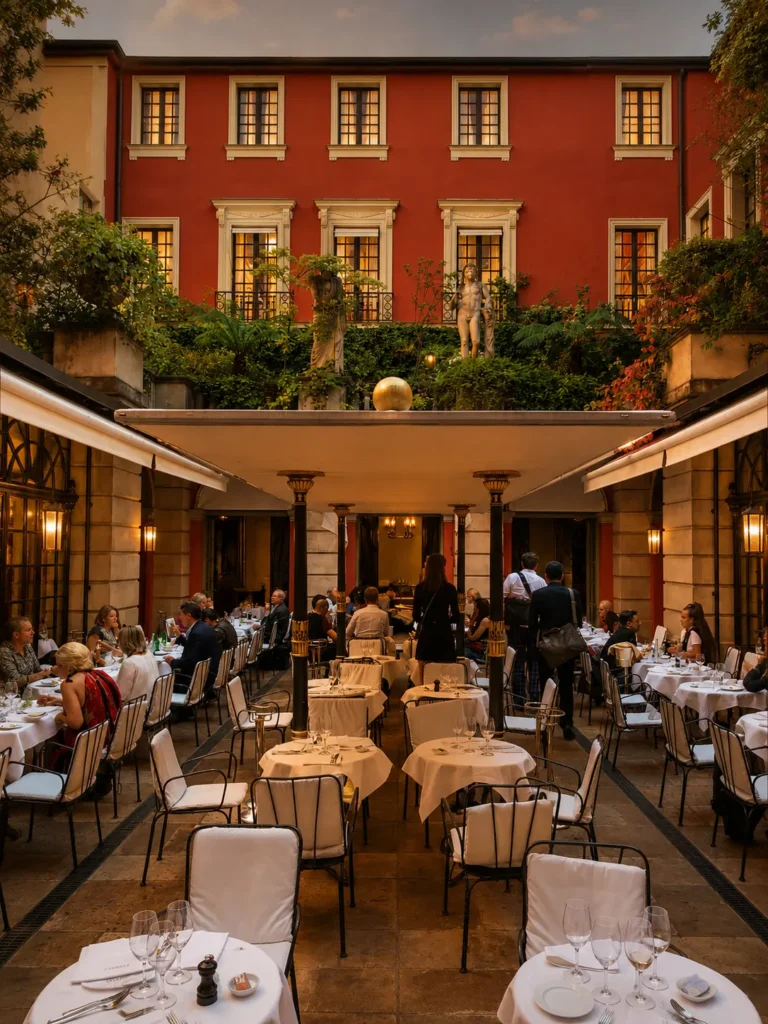 Outdoor courtyard dining at Hotel Costes in Paris