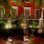 Lush courtyard garden at Hotel Costes in Paris