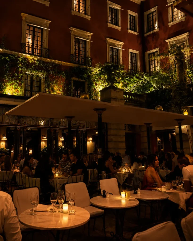 Hotel Costes courtyard illuminated at night in Paris
