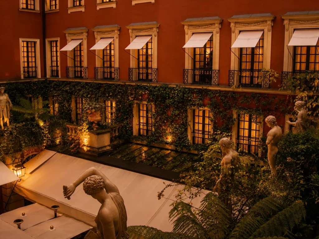 Elegant courtyard at Hotel Costes in Paris