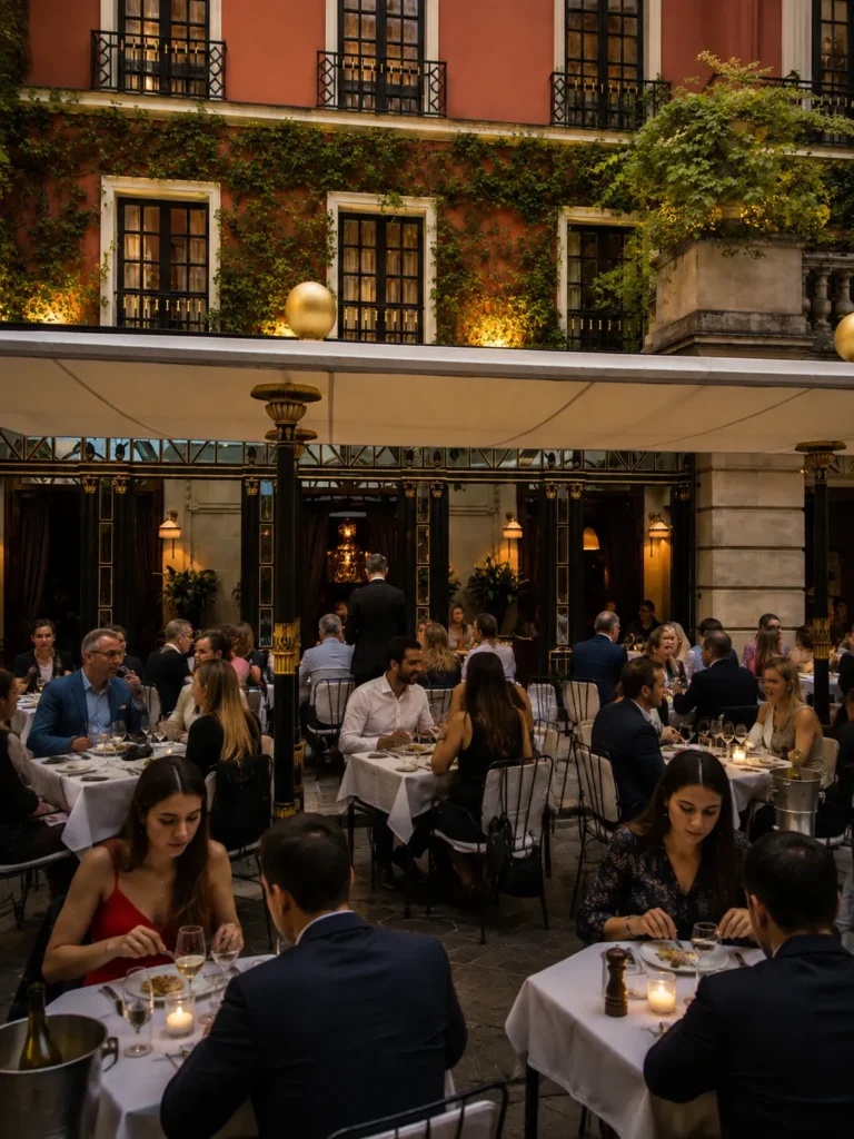 Evening restaurant scene in the courtyard at Hotel Costes