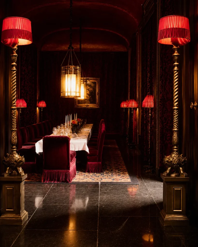 Warmly lit dining room at Hotel Costes in Paris