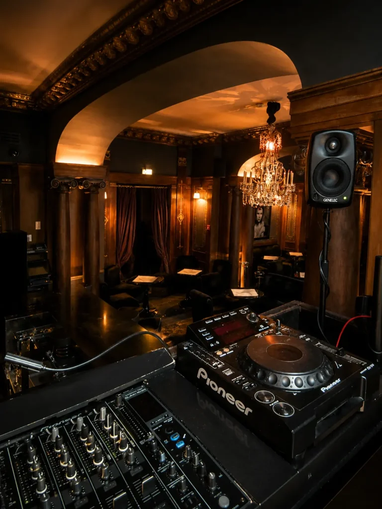 DJ booth inside the atmospheric Hotel Costes in Paris