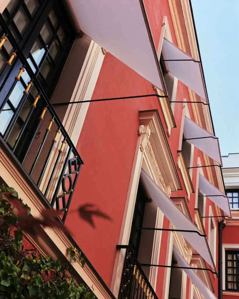 Architectural exterior details of Hotel Costes in Paris