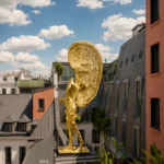 Golden sculpture overlooking Paris rooftops at Hotel Costes