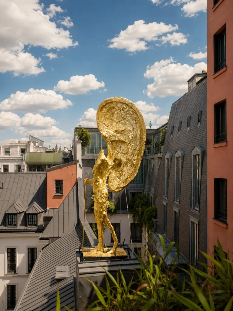 Golden sculpture overlooking Paris rooftops at Hotel Costes