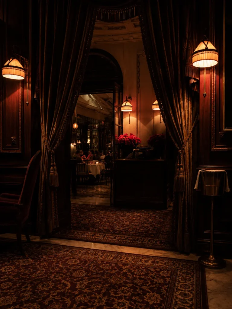 Atmospheric interior corridor at Hotel Costes in Paris
