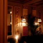 Warmly lit interior hallway at Hotel Costes in Paris