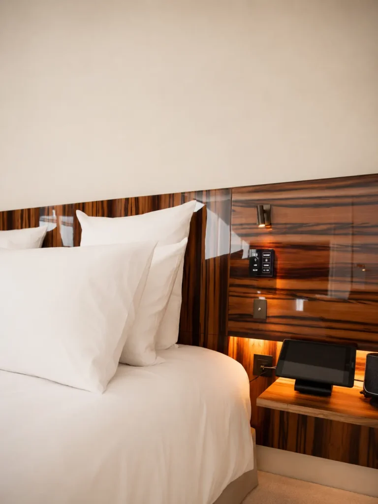 Luxury bed and elegant wood-paneled interior at Hotel Costes Paris