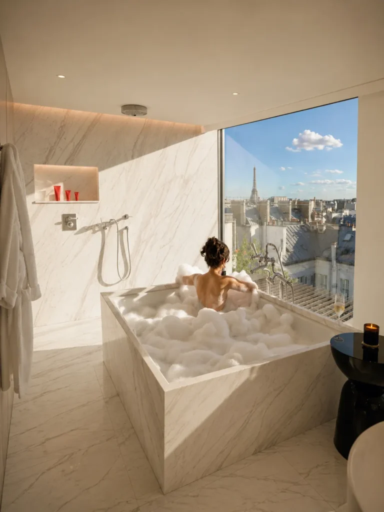 Elegant marble bathroom with a city view at Hotel Costes Paris