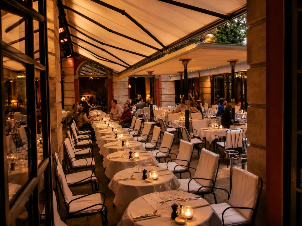 Long outdoor dining terrace at Hotel Costes in Paris