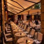 Long outdoor dining terrace at Hotel Costes in Paris