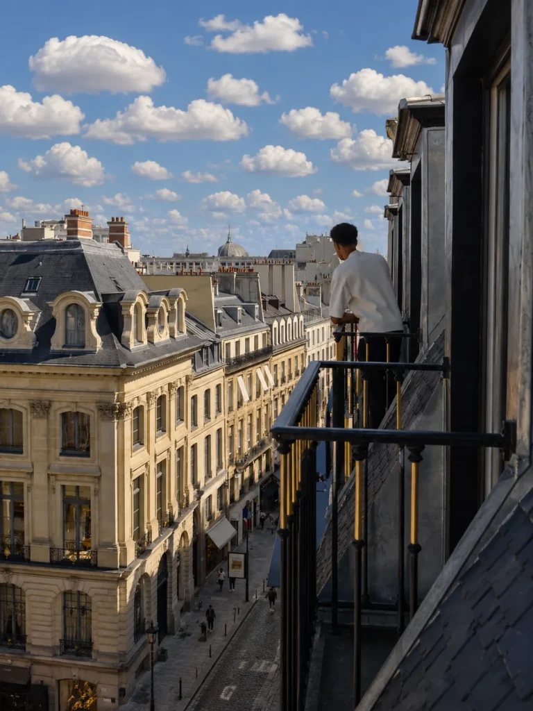 Balcony view overlooking Paris rooftops at Hotel Costes