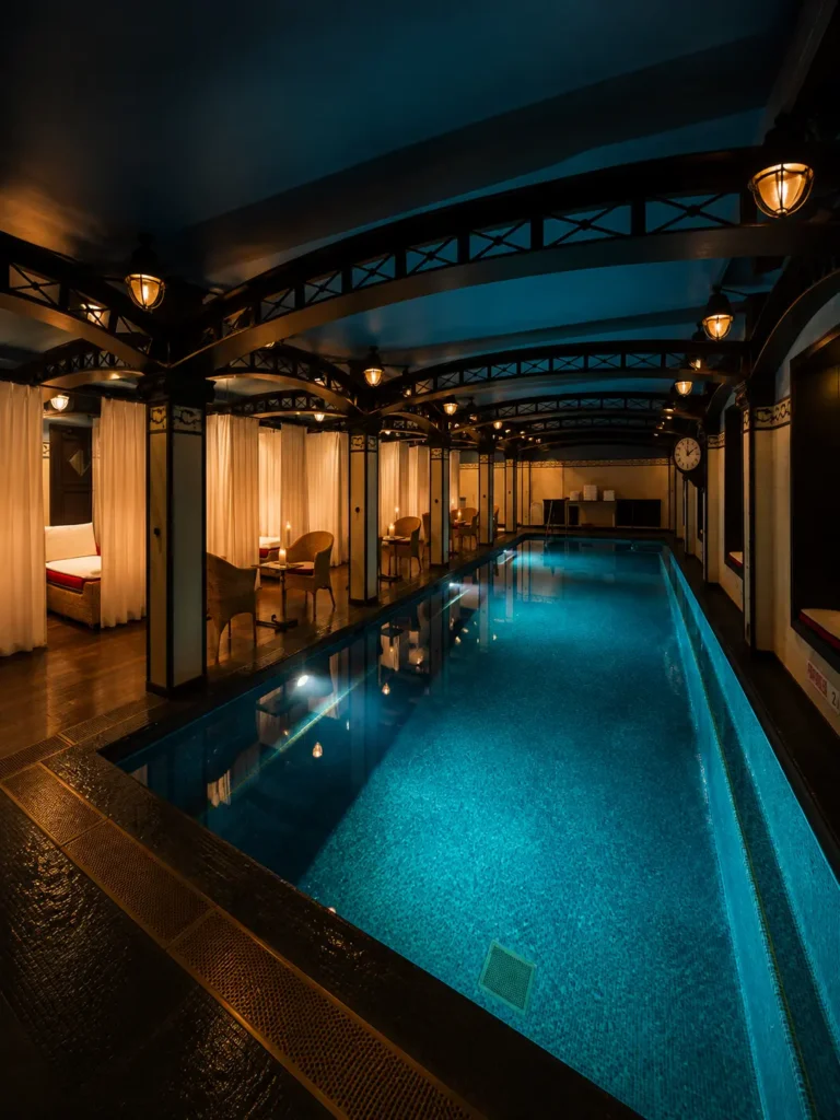 Indoor swimming pool at Hôtel Costes Paris, featuring turquoise-lit water, elegant curtained seating areas, dark wooden floors, decorative metal arches, and warm ambient lighting.”