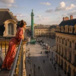Woman in a flowing red dress standing on the rooftop balcony of Hôtel Costes in Paris, overlooking Place Vendôme and its iconic green Vendôme Column, surrounded by historic Parisian buildings under a blue, cloud-filled sky