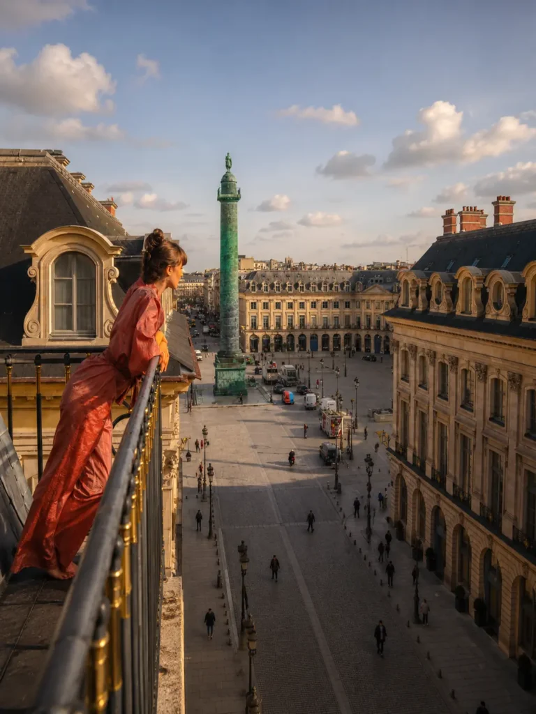 Woman in a flowing red dress standing on the rooftop balcony of Hôtel Costes in Paris, overlooking Place Vendôme and its iconic green Vendôme Column, surrounded by historic Parisian buildings under a blue, cloud-filled sky