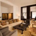 Elegant lounge area inside a Hotel Costes suite in Paris