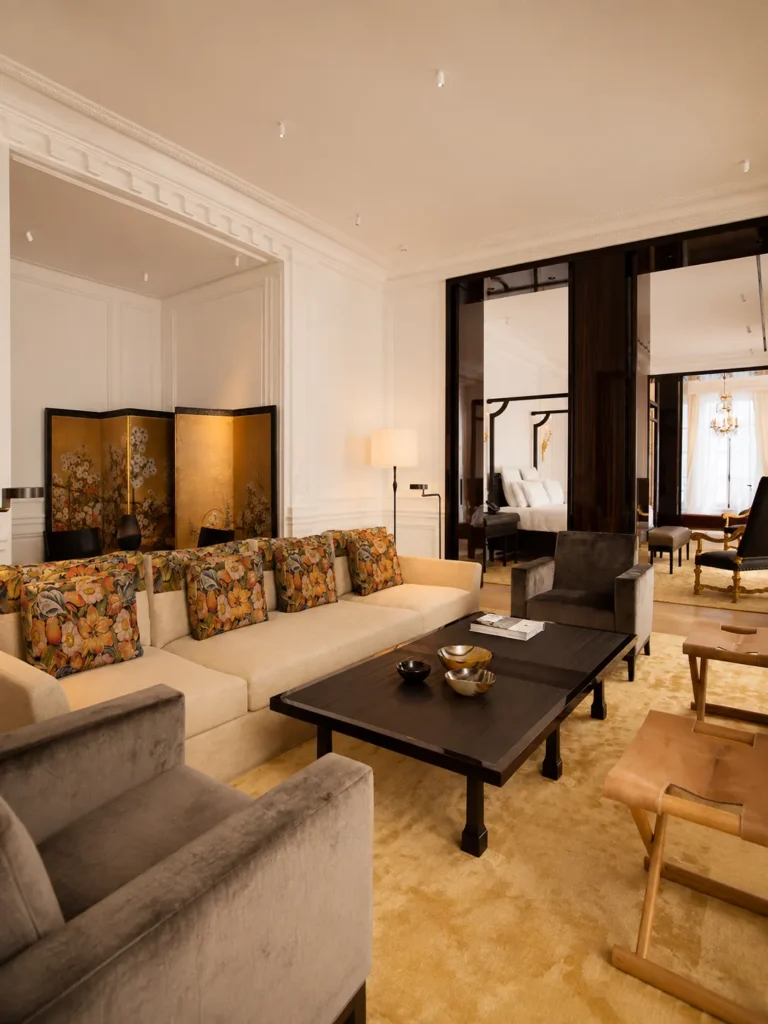 Elegant lounge area inside a Hotel Costes suite in Paris