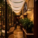 Elegant terrace dining area at Hotel Costes in Paris