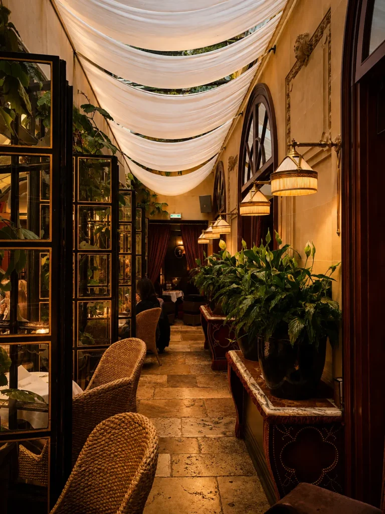 Elegant terrace dining area at Hotel Costes in Paris
