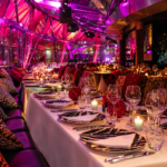 Colorful dining room with purple lighting at JustMe Milano