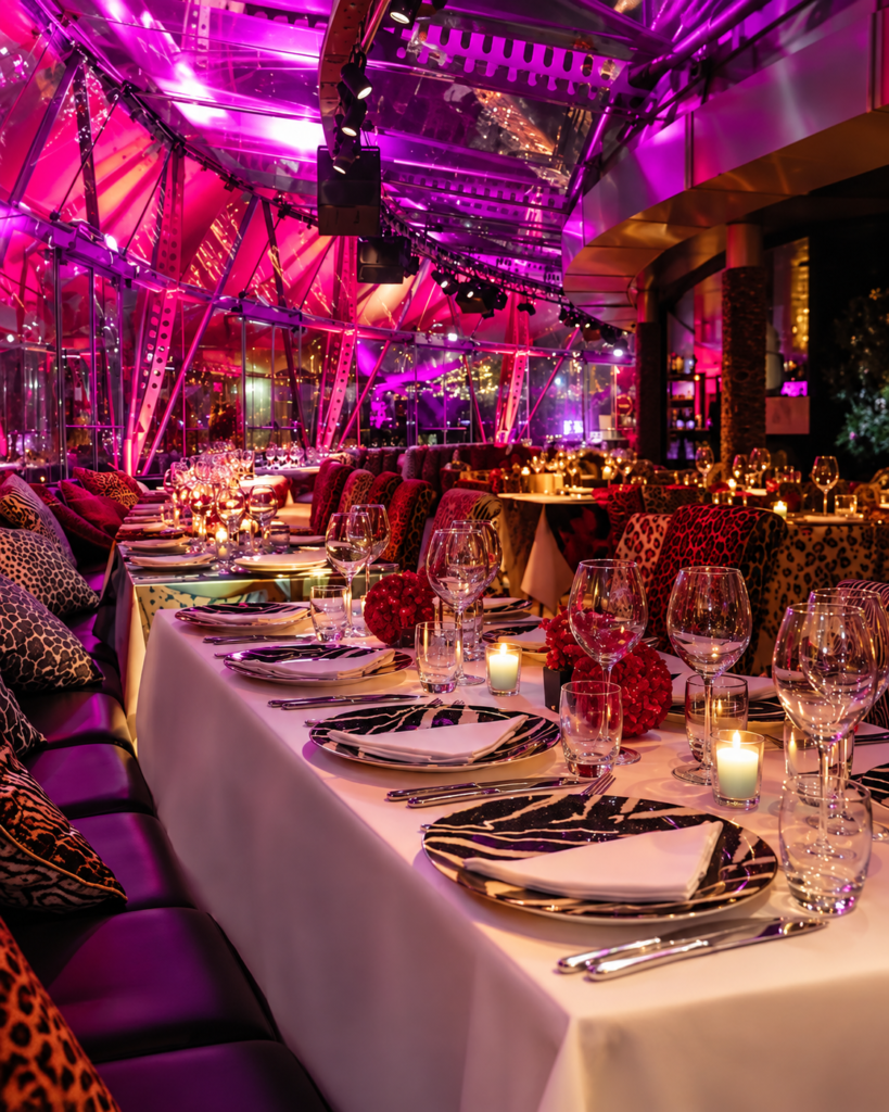 Colorful dining room with purple lighting at JustMe Milano