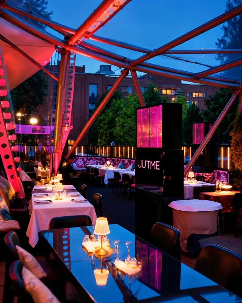 Colorful restaurant interior with tables and purple lighting at JustMe Milano