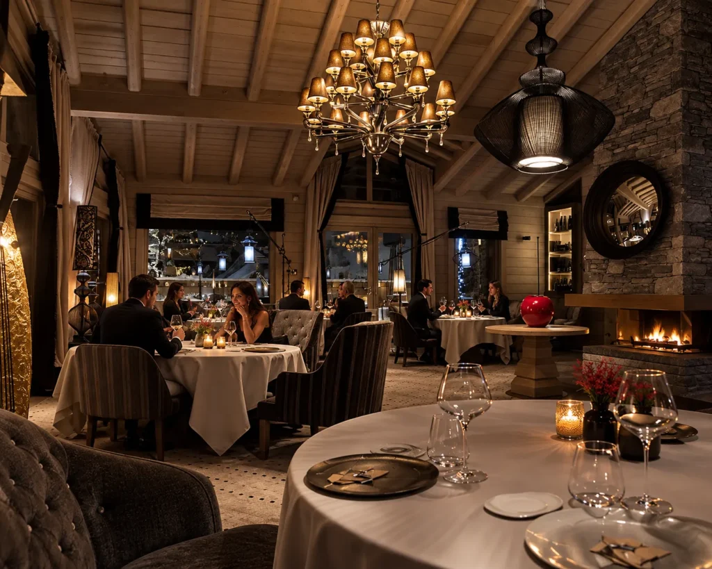 Warmly lit fine dining room at K2 Palace Courchevel