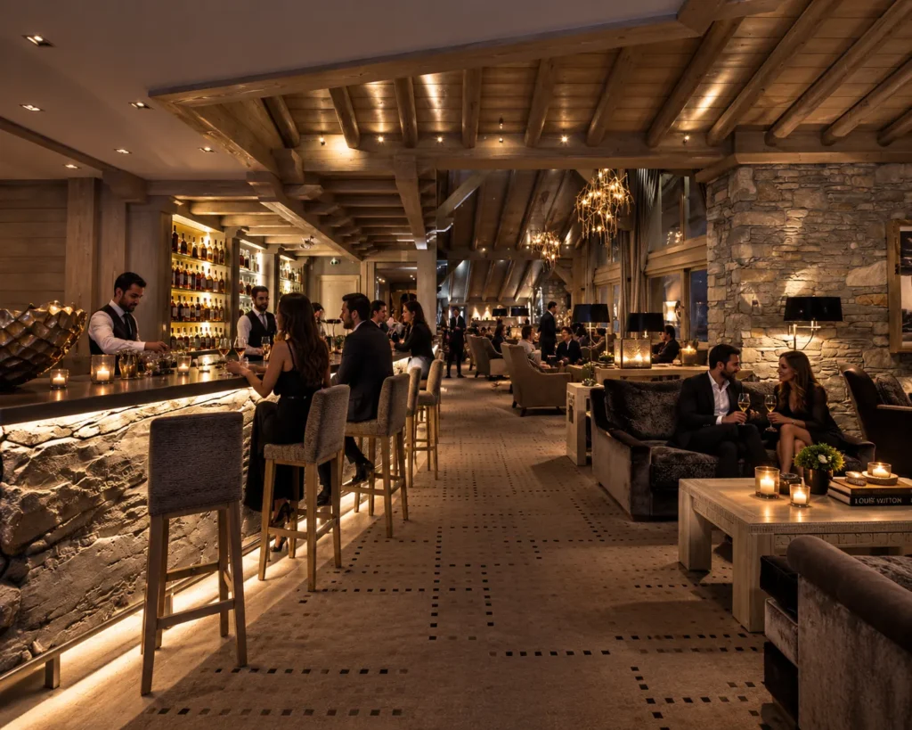 Luxury restaurant interior with stone and wood details at K2 Palace Courchevel