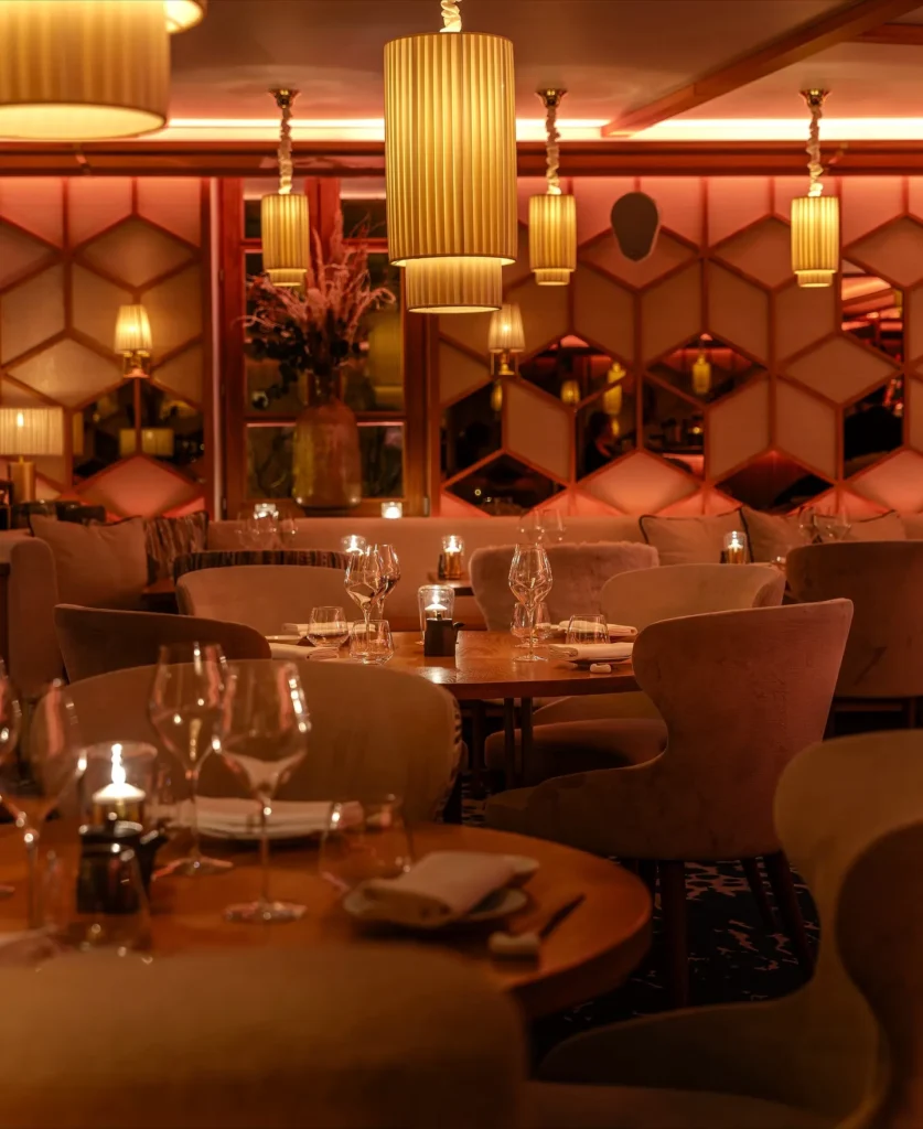 Warmly lit dining interior at Kinugawa Rive Gauche