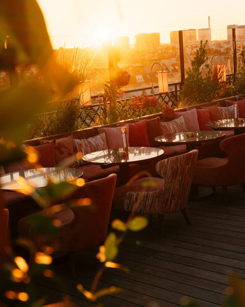 Kinugawa Rive Gauche rooftop terrace at sunset overlooking Paris
