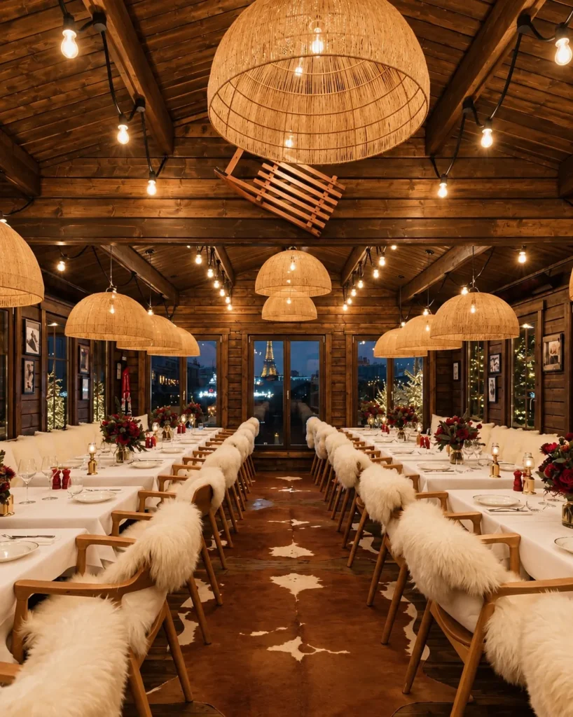Elegant dining room with pendant lights at La Ferme Saint-Amour Courchevel