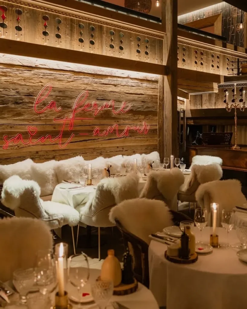 Luxury restaurant interior with plush seating at La Ferme Saint-Amour Courchevel