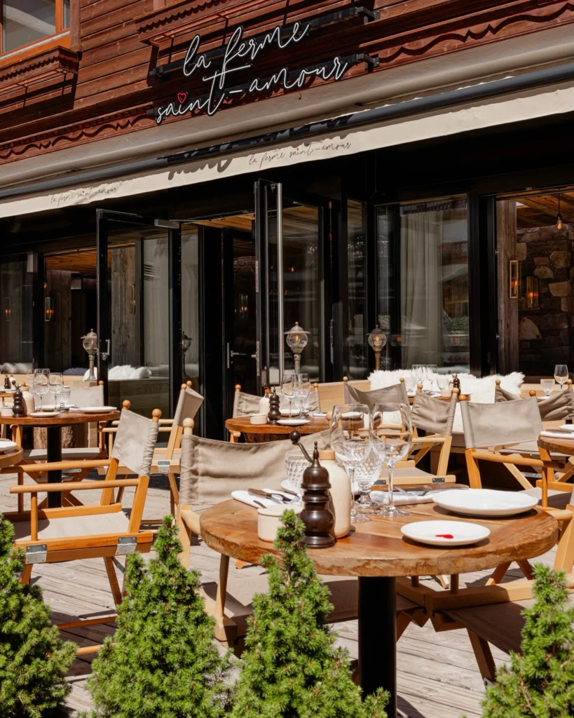 Outdoor dining terrace at La Ferme Saint-Amour Courchevel