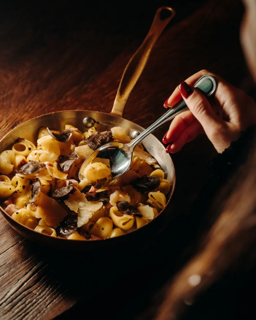 Gourmet pasta dish served at La Ferme Saint-Amour Courchevel