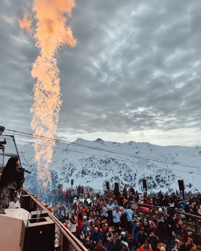 Outdoor mountain party with fireworks at La Folie Douce Méribel