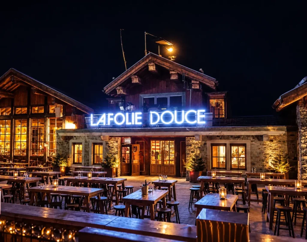 La Folie Douce Méribel illuminated at night