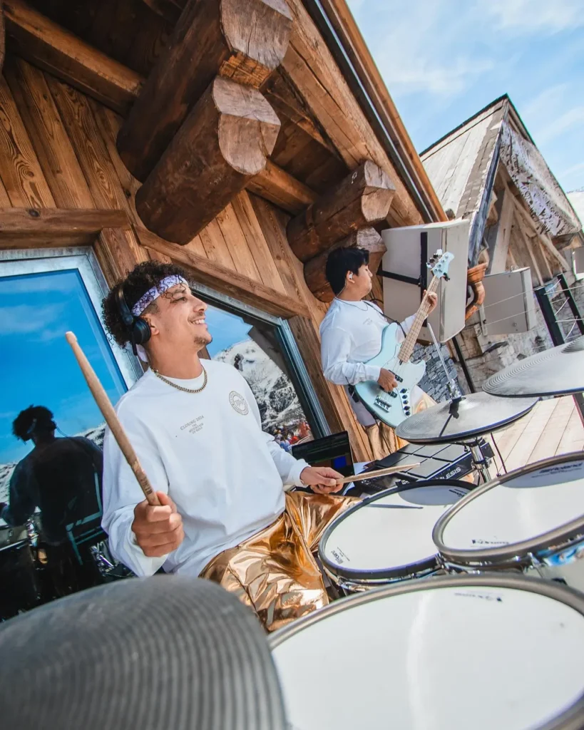 Guests dining on the outdoor terrace at La Folie Douce Méribel